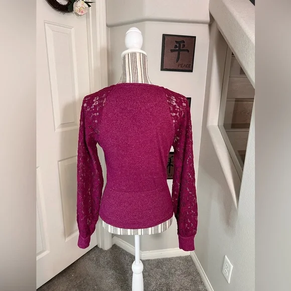 Anthropologie $98 NWOT Plum Laced Balloon Sleeve  Sweater Blouse Size Small - Picture 7 of 12